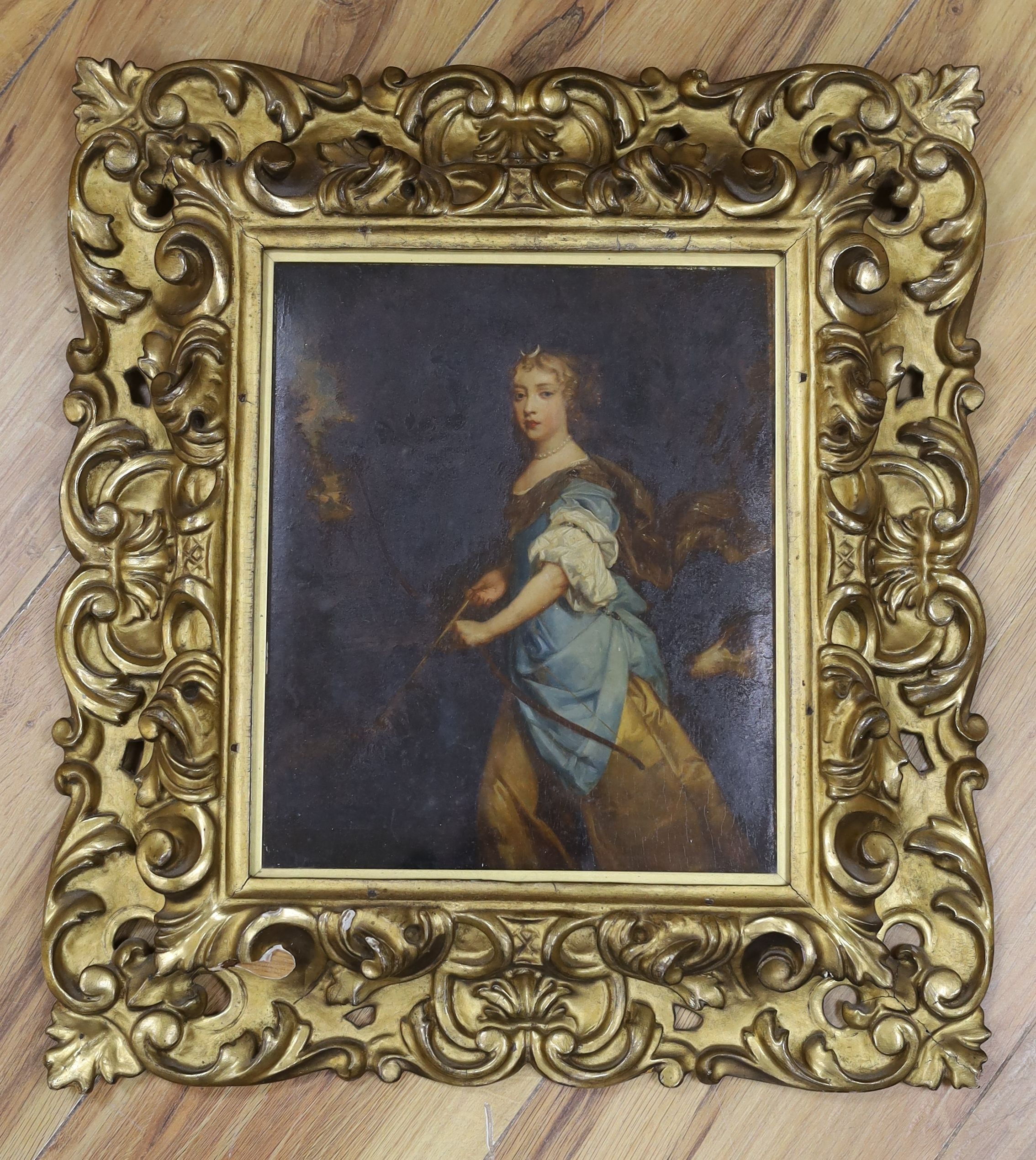 After Peter Lely, overpainted print, Jane Kelleway as Diana holding a bow, 27 x 23cm, in ornate Florentine giltwood frame